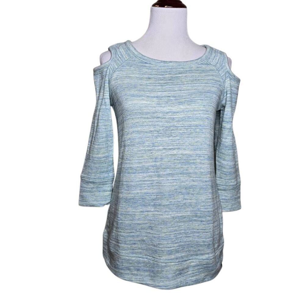 T by Talbots Cold Shoulder Sweatshirt XS Blue Space Dye Knit Pullover Top